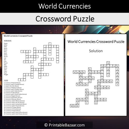 World Currencies Crossword Puzzle Worksheet Activity Printable PDF