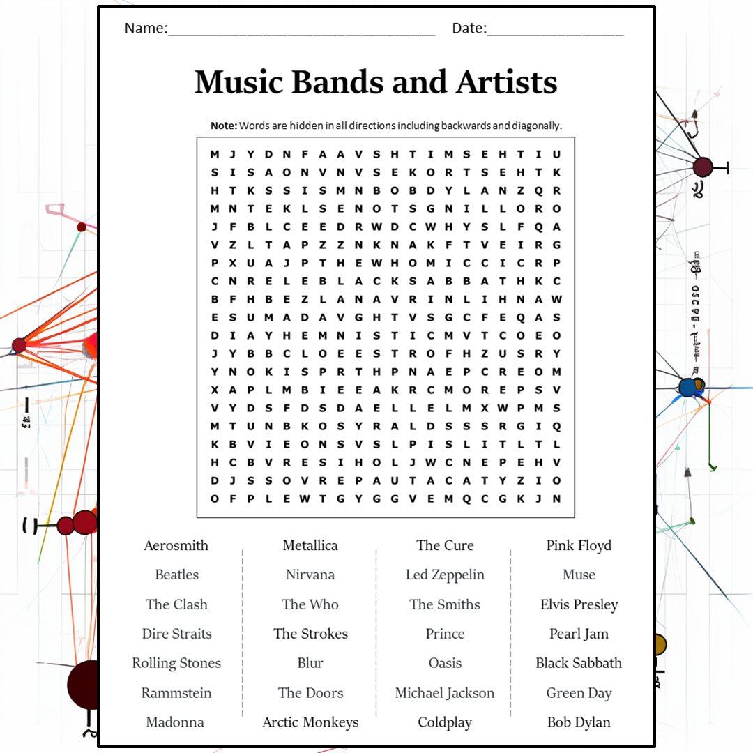 Music Bands And Artists Word Search Puzzle Worksheet Activity Pdf