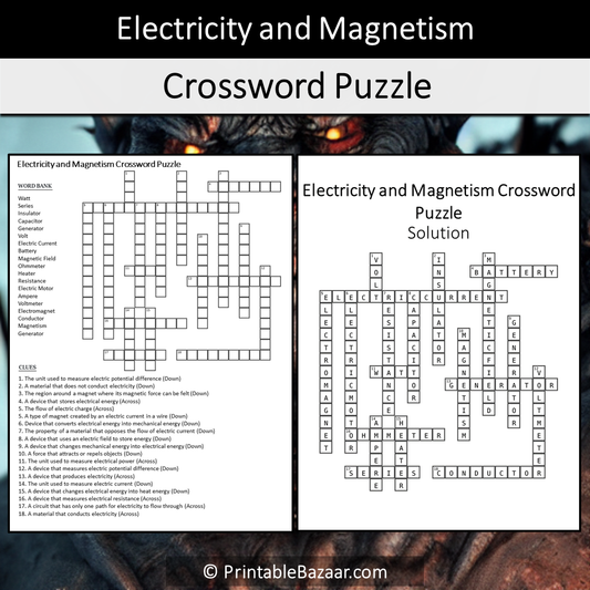 Electricity And Magnetism Crossword Puzzle Worksheet Activity Printable PDF