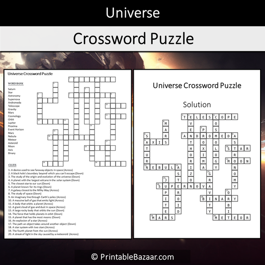 Universe Crossword Puzzle Worksheet Activity Printable PDF