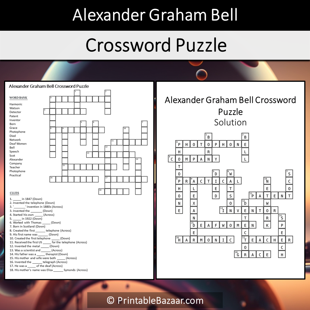 Alexander Graham Bell Crossword Puzzle Worksheet Activity Printable PDF