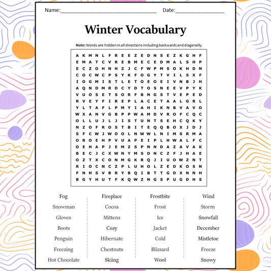 Winter Vocabulary Word Search Puzzle Worksheet Activity PDF