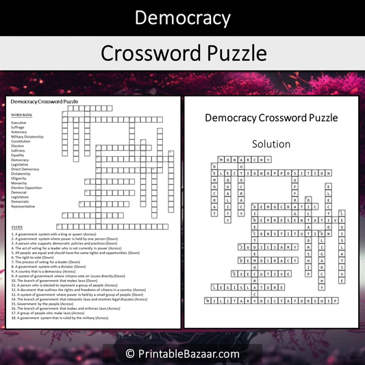 Democracy Crossword Puzzle Worksheet Activity Printable PDF