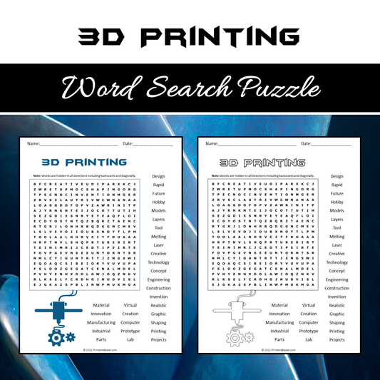 3d Printing Word Search Puzzle Worksheet PDF