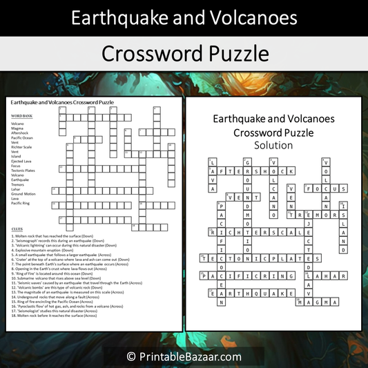 Earthquake And Volcanoes Crossword Puzzle Worksheet Activity Printable PDF