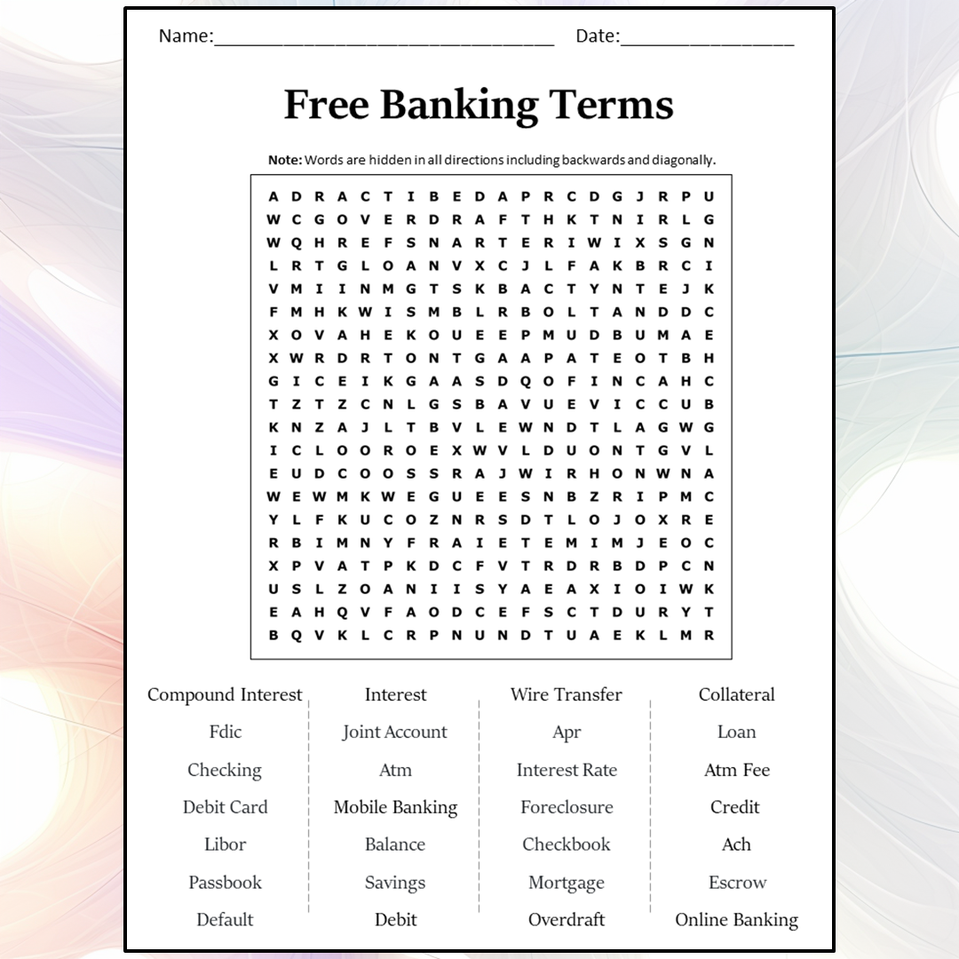 Free Banking Terms Word Search Puzzle Worksheet Activity Pdf