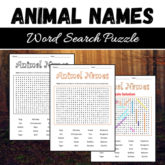 Animal Names Word Search Puzzle Worksheet PDF