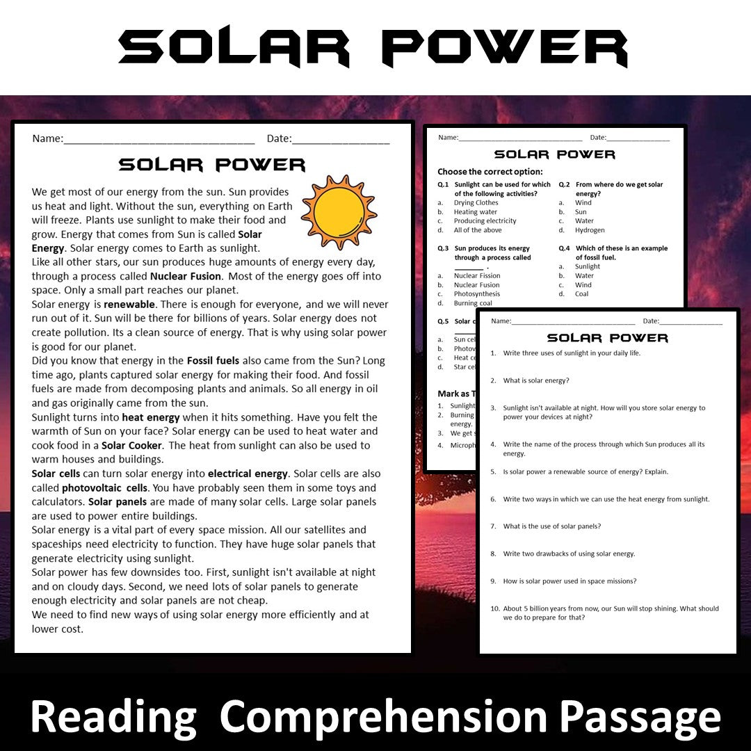 Solar Power Reading Comprehension Passage and Questions