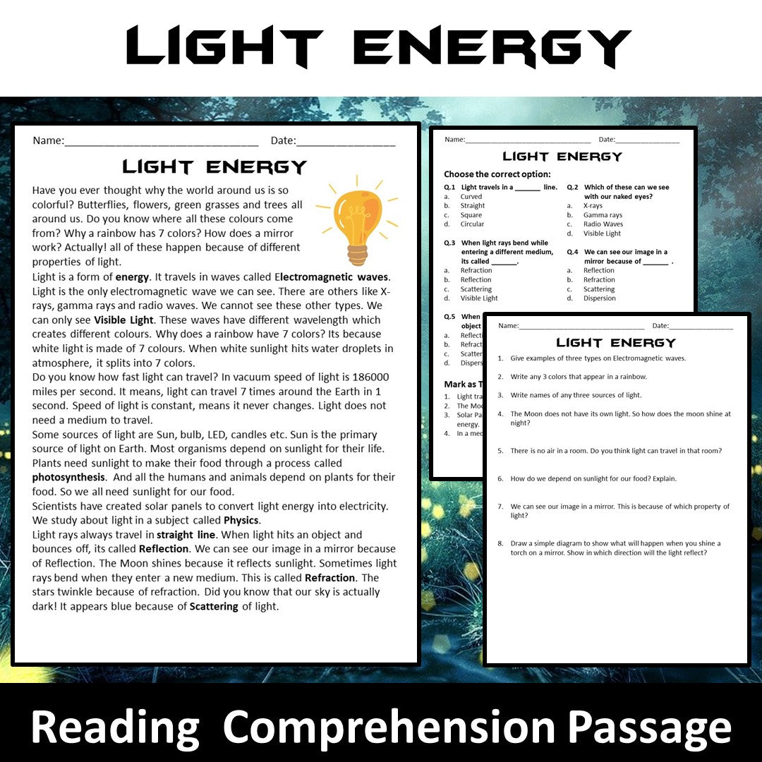 Light Energy Reading Comprehension Passage and Questions