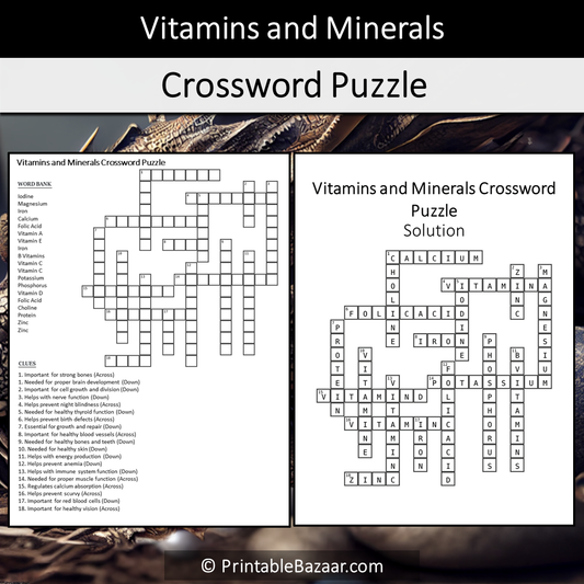 Vitamins And Minerals Crossword Puzzle Worksheet Activity Printable PDF