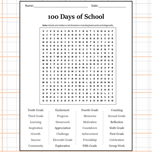 100 Days Of School Word Search Puzzle Worksheet Activity PDF