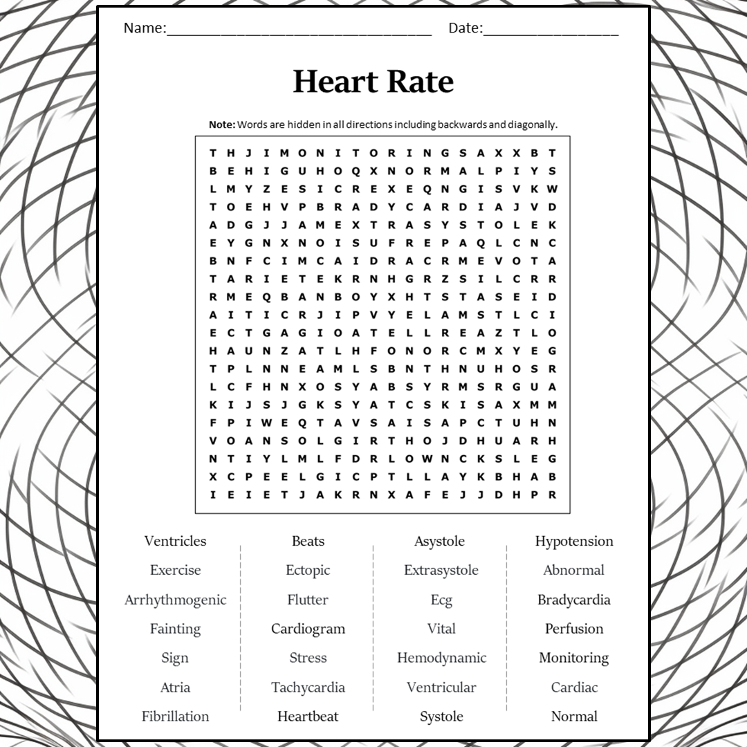 Heart Rate Word Search Puzzle Worksheet Activity PDF