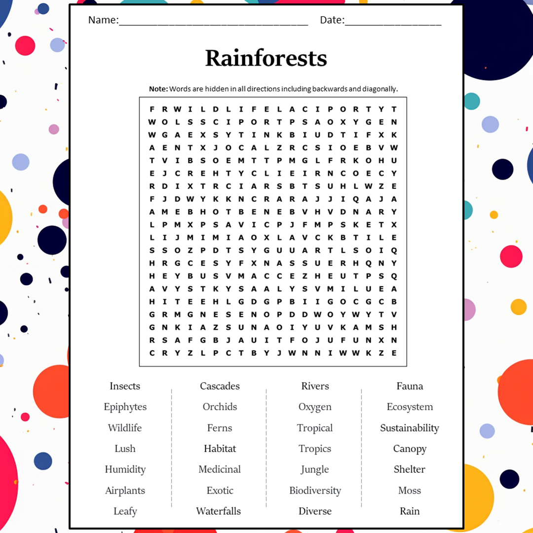Rainforests Word Search Puzzle Worksheet Activity PDF