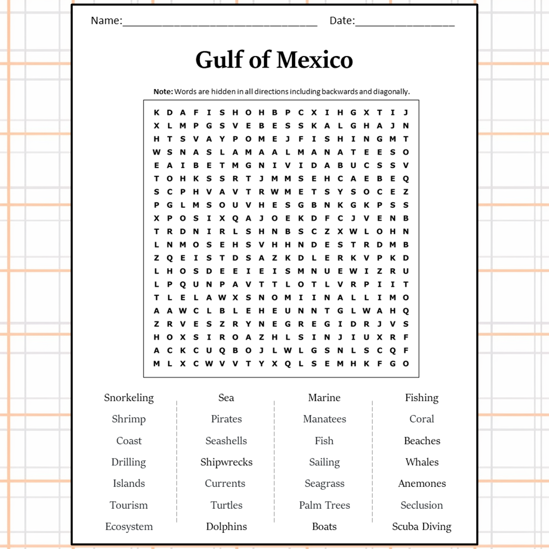 Gulf Of Mexico Word Search Puzzle Worksheet Activity PDF