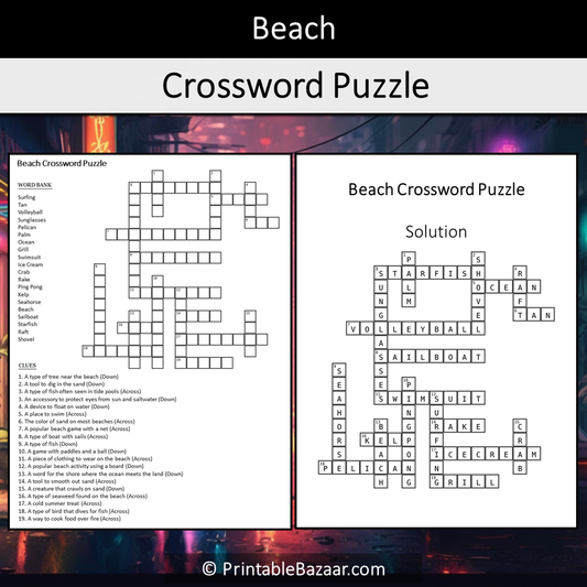 Beach Crossword Puzzle Worksheet Activity Printable PDF