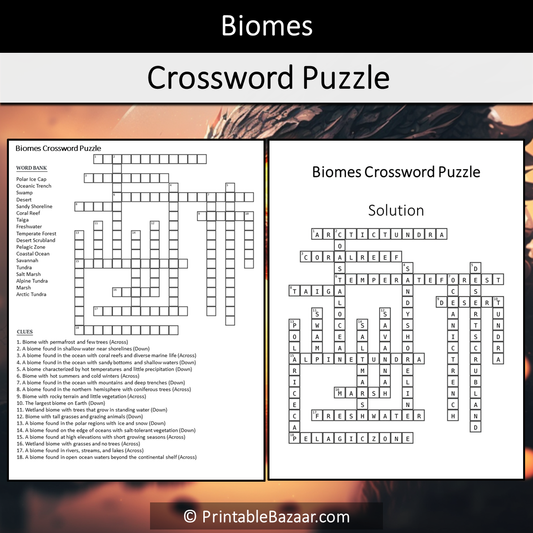 Biomes Crossword Puzzle Worksheet Activity Printable PDF