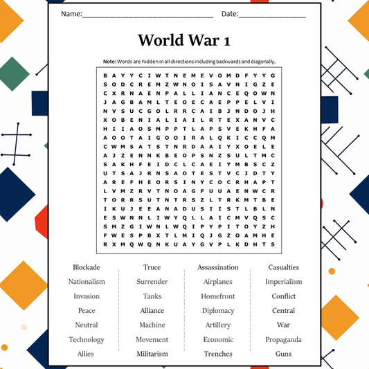 World War 1 Word Search Puzzle Worksheet Activity PDF