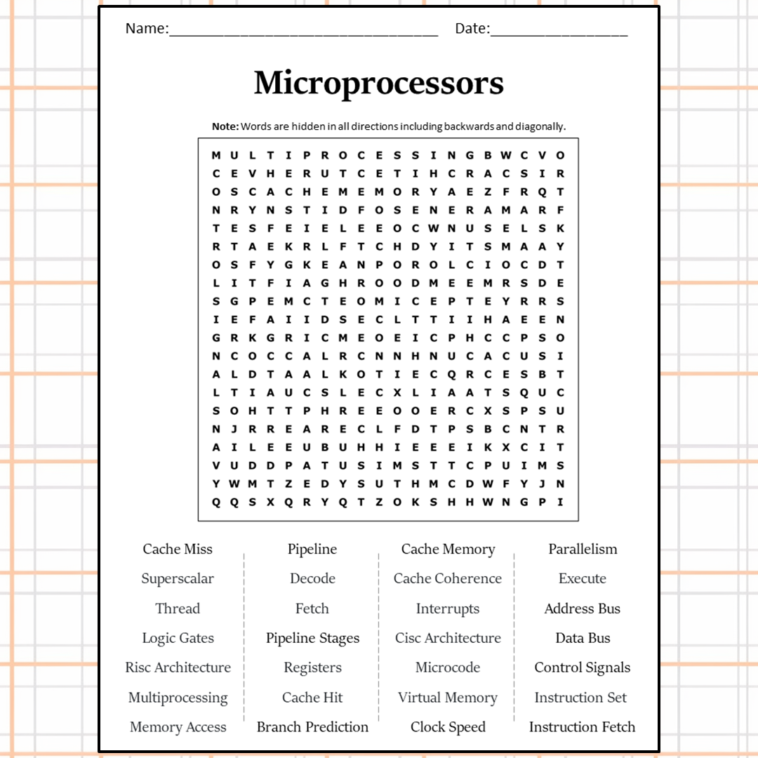 Microprocessors Word Search Puzzle Worksheet Activity PDF
