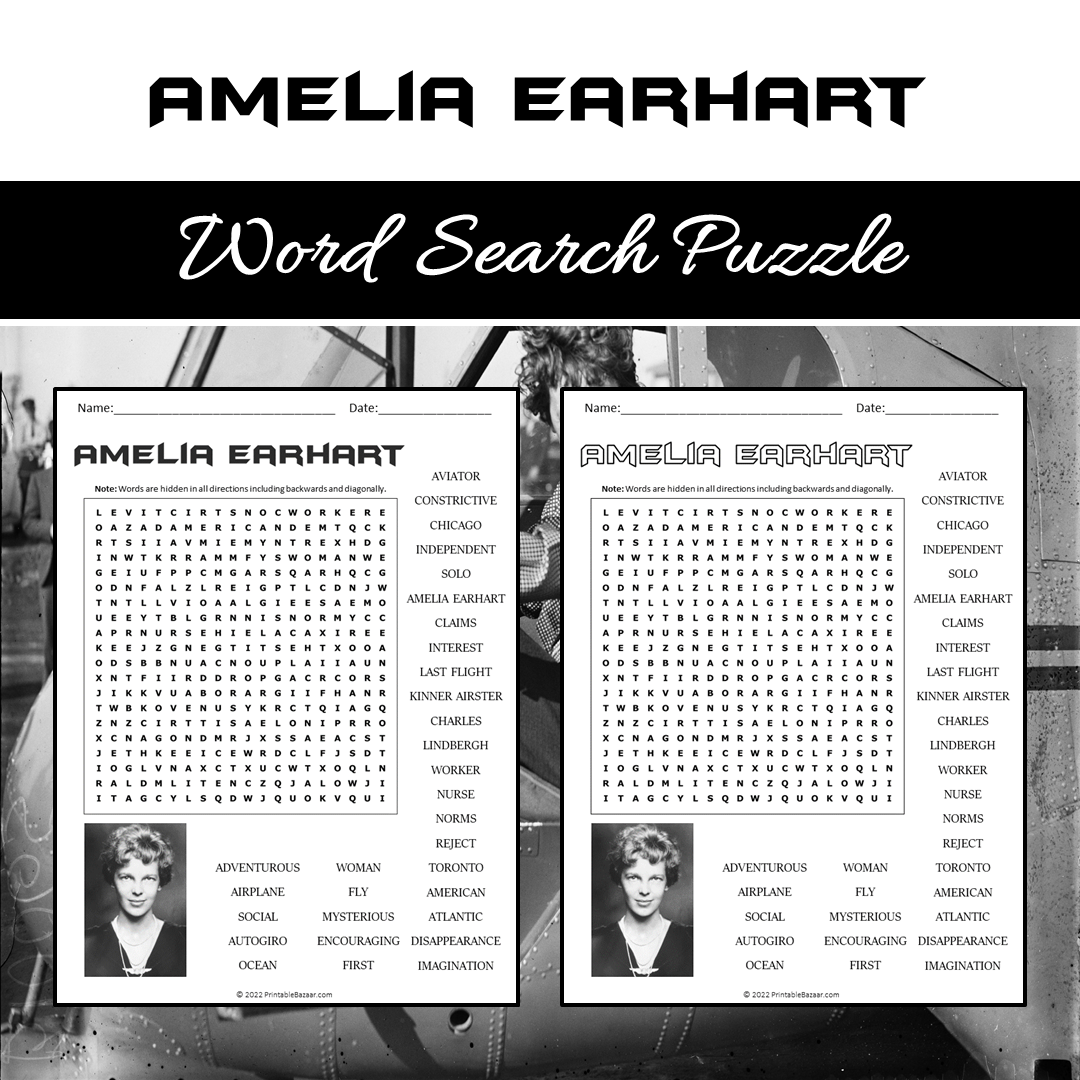 Amelia Earhart Word Search Puzzle Worksheet PDF