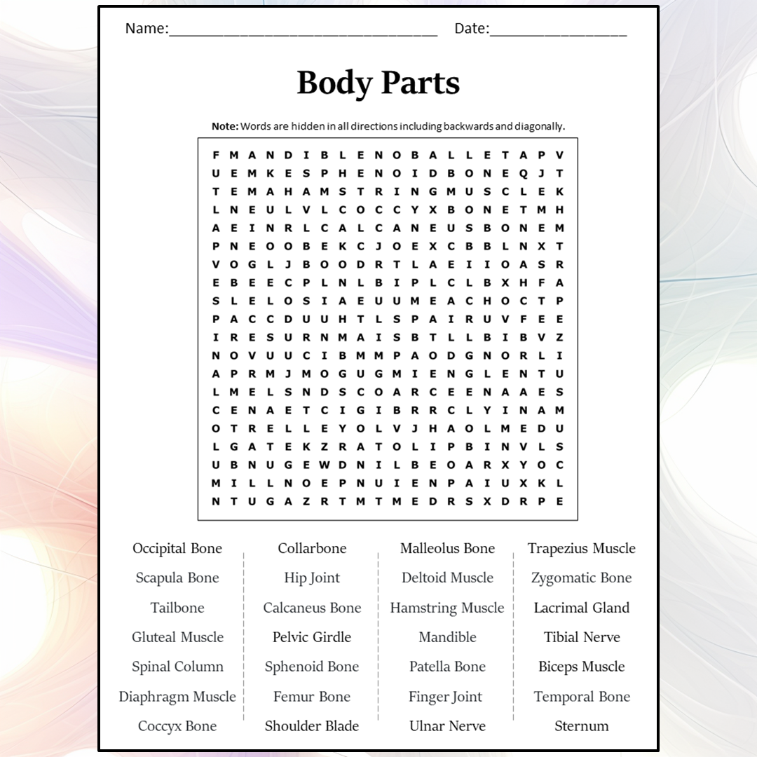 Body Parts Word Search Puzzle Worksheet Activity PDF