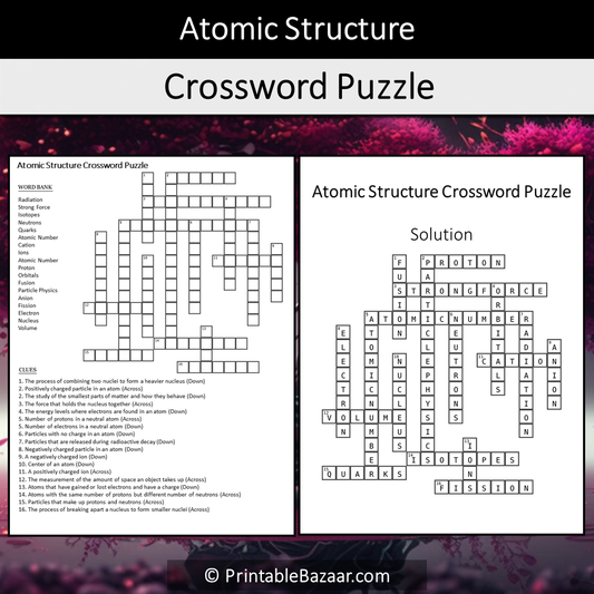 Atomic Structure Crossword Puzzle Worksheet Activity Printable PDF