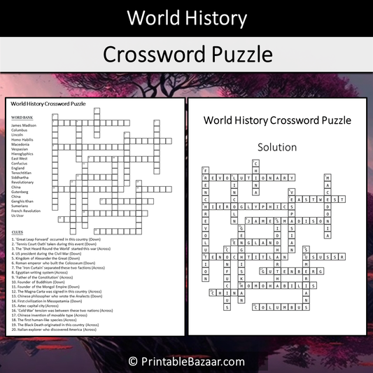 World History Crossword Puzzle Worksheet Activity Printable PDF