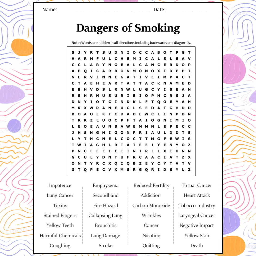 Dangers Of Smoking Word Search Puzzle Worksheet Activity Pdf 