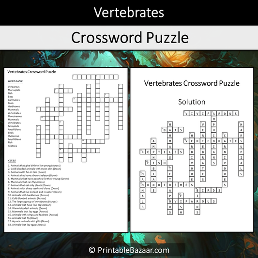 Vertebrates Crossword Puzzle Worksheet Activity Printable PDF