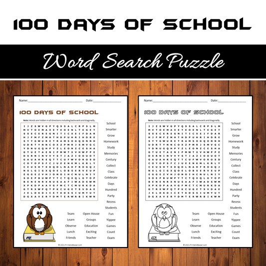 100 Days Of School Word Search Puzzle Worksheet PDF