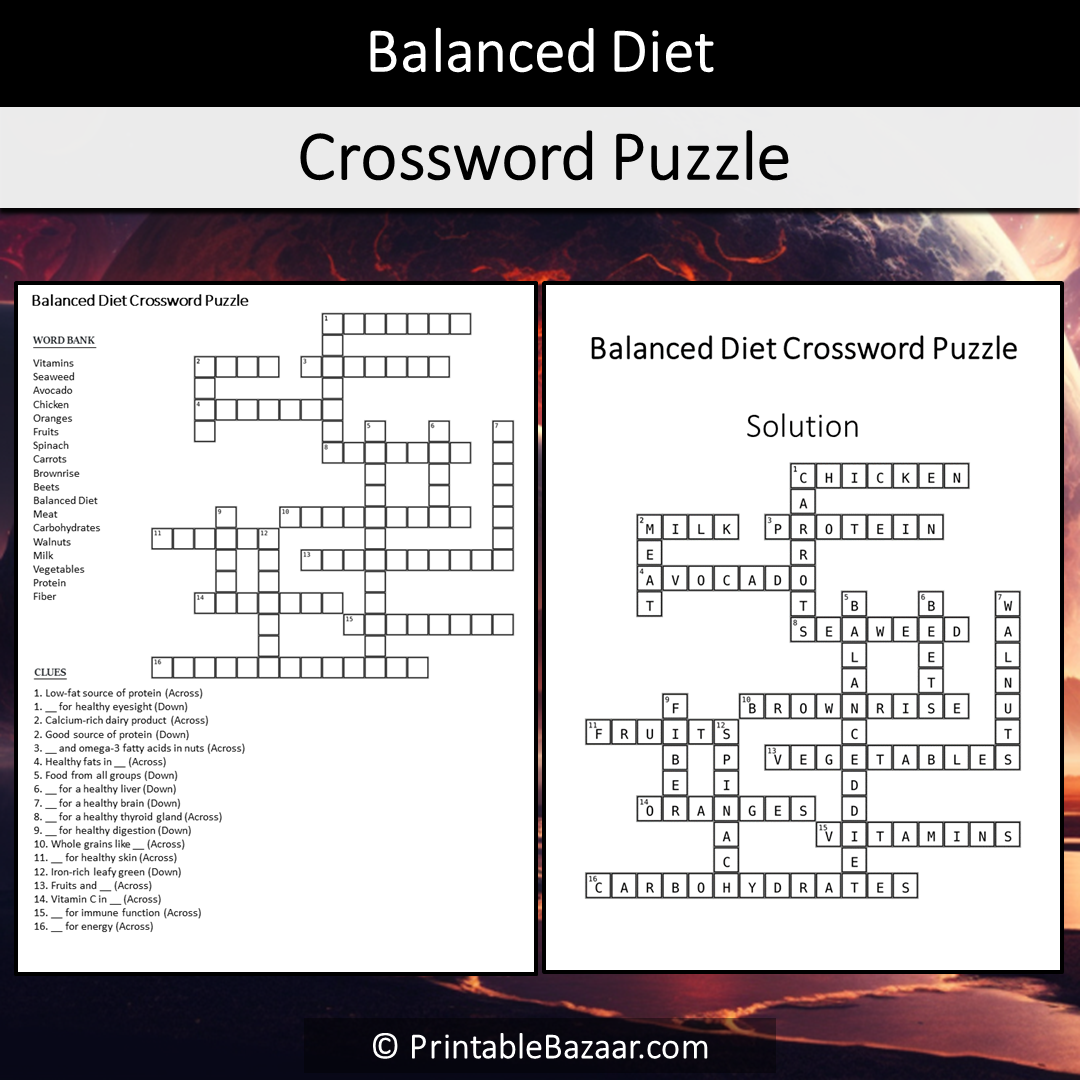 Balanced Diet Crossword Puzzle Worksheet Activity Printable PDF