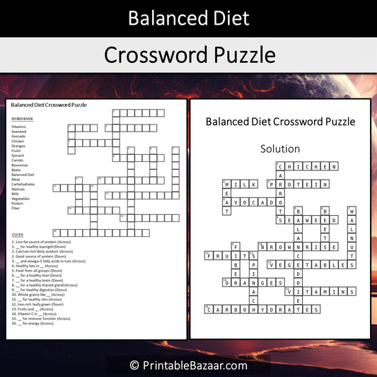 Balanced Diet Crossword Puzzle Worksheet Activity Printable PDF