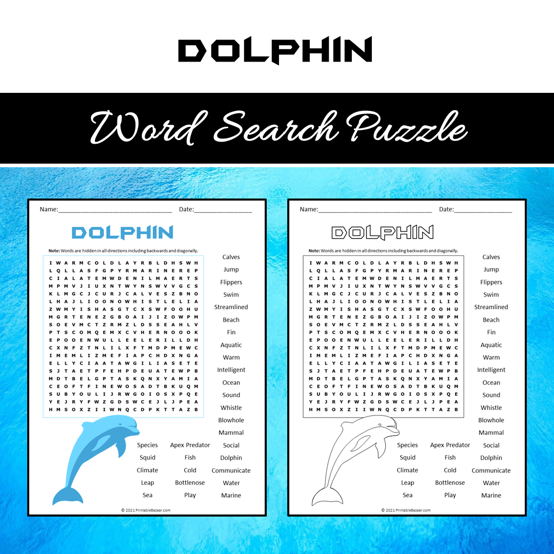 Dolphin Word Search Puzzle Worksheet PDF