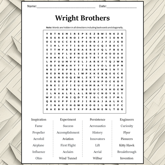 Wright Brothers Word Search Puzzle Worksheet Activity PDF