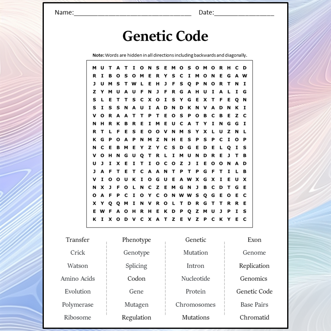 Genetic Code Word Search Puzzle Worksheet Activity PDF