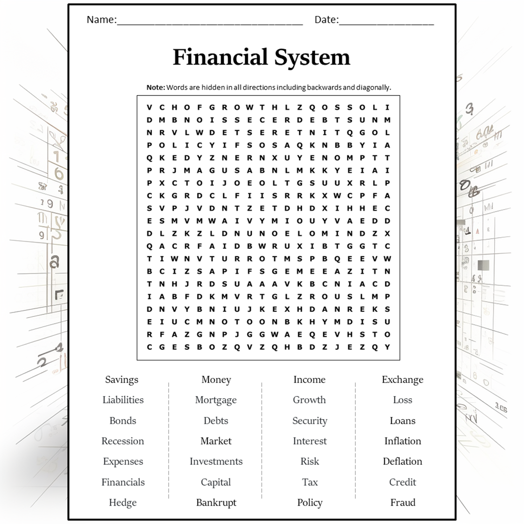 Financial System Word Search Puzzle Worksheet Activity PDF