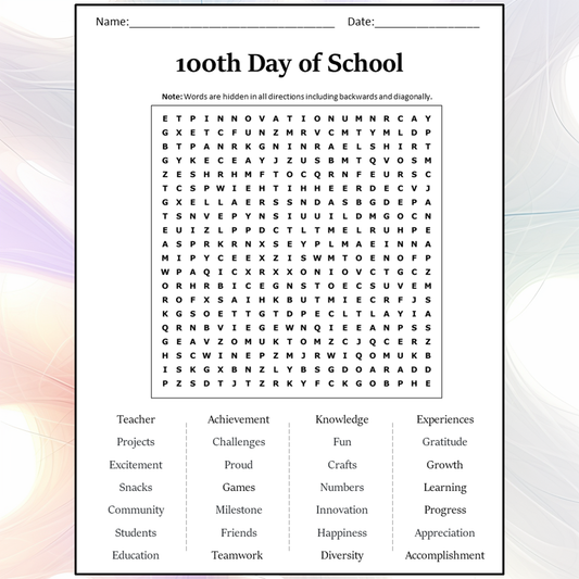 100th Day Of School Word Search Puzzle Worksheet Activity PDF