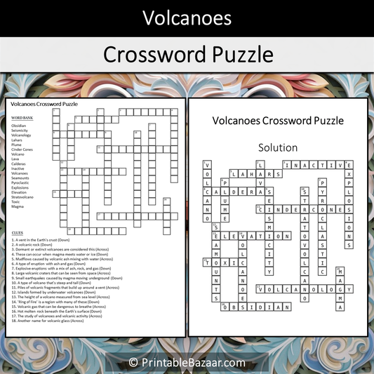 Volcanoes Crossword Puzzle Worksheet Activity Printable PDF