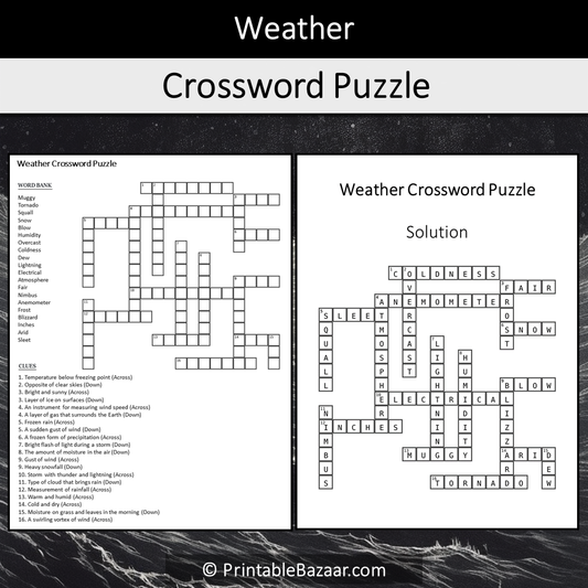 Weather Crossword Puzzle Worksheet Activity Printable PDF
