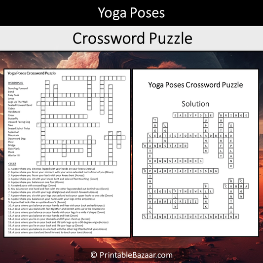 Yoga Poses Crossword Puzzle Worksheet Activity Printable PDF