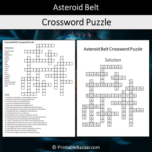 Asteroid Belt Crossword Puzzle Worksheet Activity Printable PDF