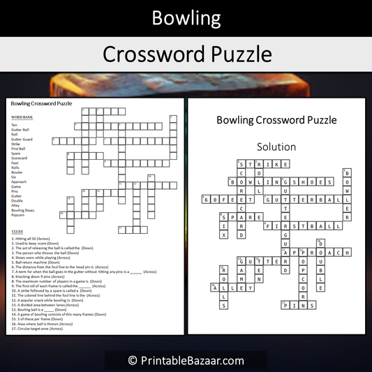 Bowling Crossword Puzzle Worksheet Activity Printable PDF
