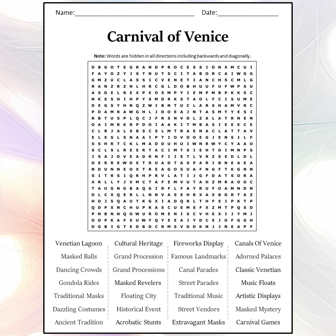 MARDI GRAS CARNIVAL Word Search Puzzle Worksheet Activity