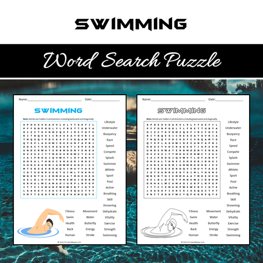 Swimming Word Search Puzzle Worksheet PDF