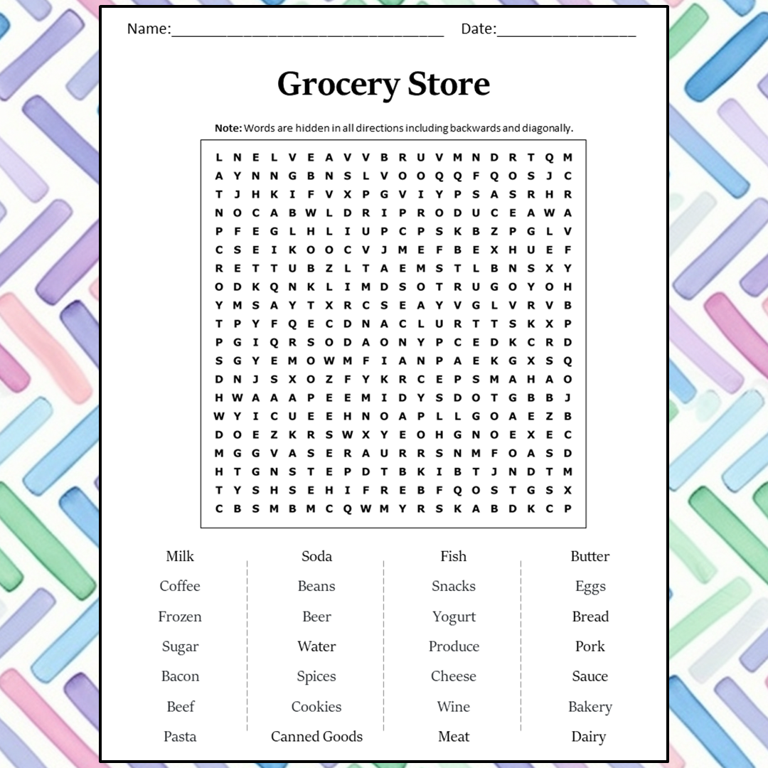 Grocery Store Word Search Puzzle Worksheet Activity PDF