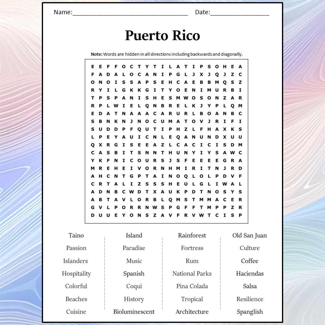 Puerto Rico Word Search Puzzle Worksheet Activity PDF