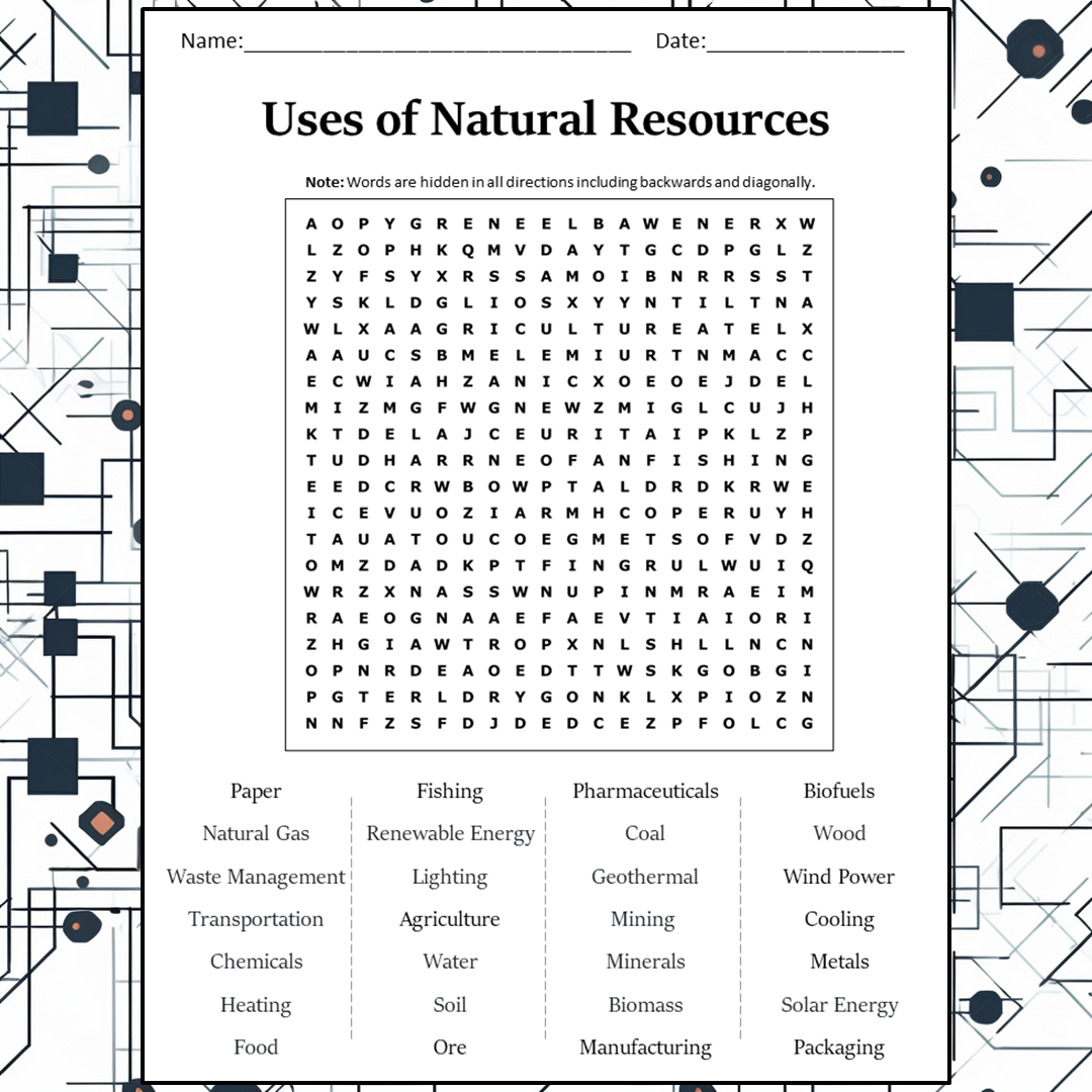 Uses Of Natural Resources Word Search Puzzle Worksheet Activity PDF