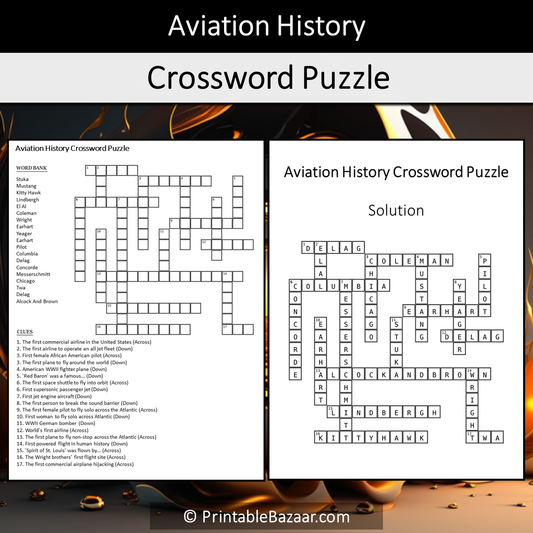 Aviation History Crossword Puzzle Worksheet Activity Printable PDF