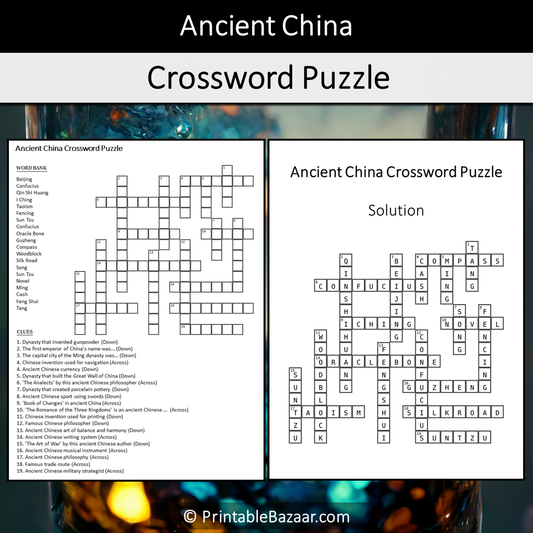 Ancient China Crossword Puzzle Worksheet Activity Printable PDF
