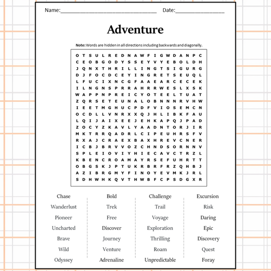 Adventure Word Search Puzzle Worksheet Activity PDF