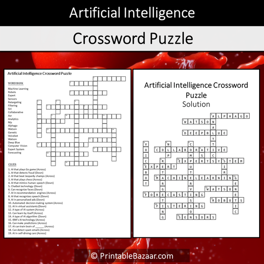 Artificial Intelligence Crossword Puzzle Worksheet Activity Printable PDF